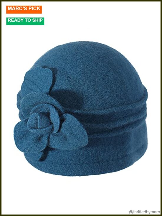 Wool Cloche Bucket Hat 1920s Vintage Winter Hat with Flower Accent